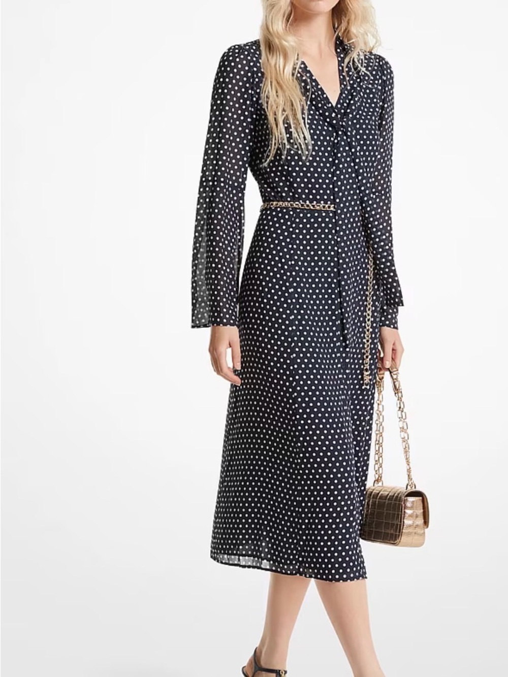 Michael Kors Polka Dot Georgette Tie-Neck Midi Dress